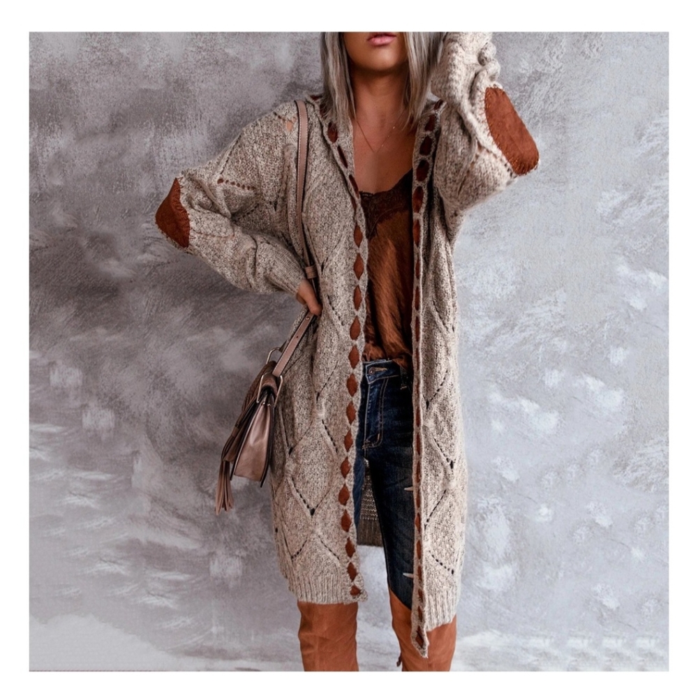 Women's Lantern Sleeve Long Cardigan with Hood Knitted Khaki Size Medium